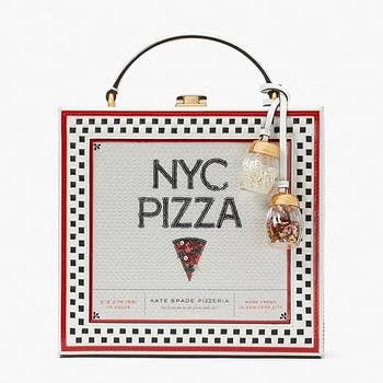 Square handbag designed similar a pizza container with