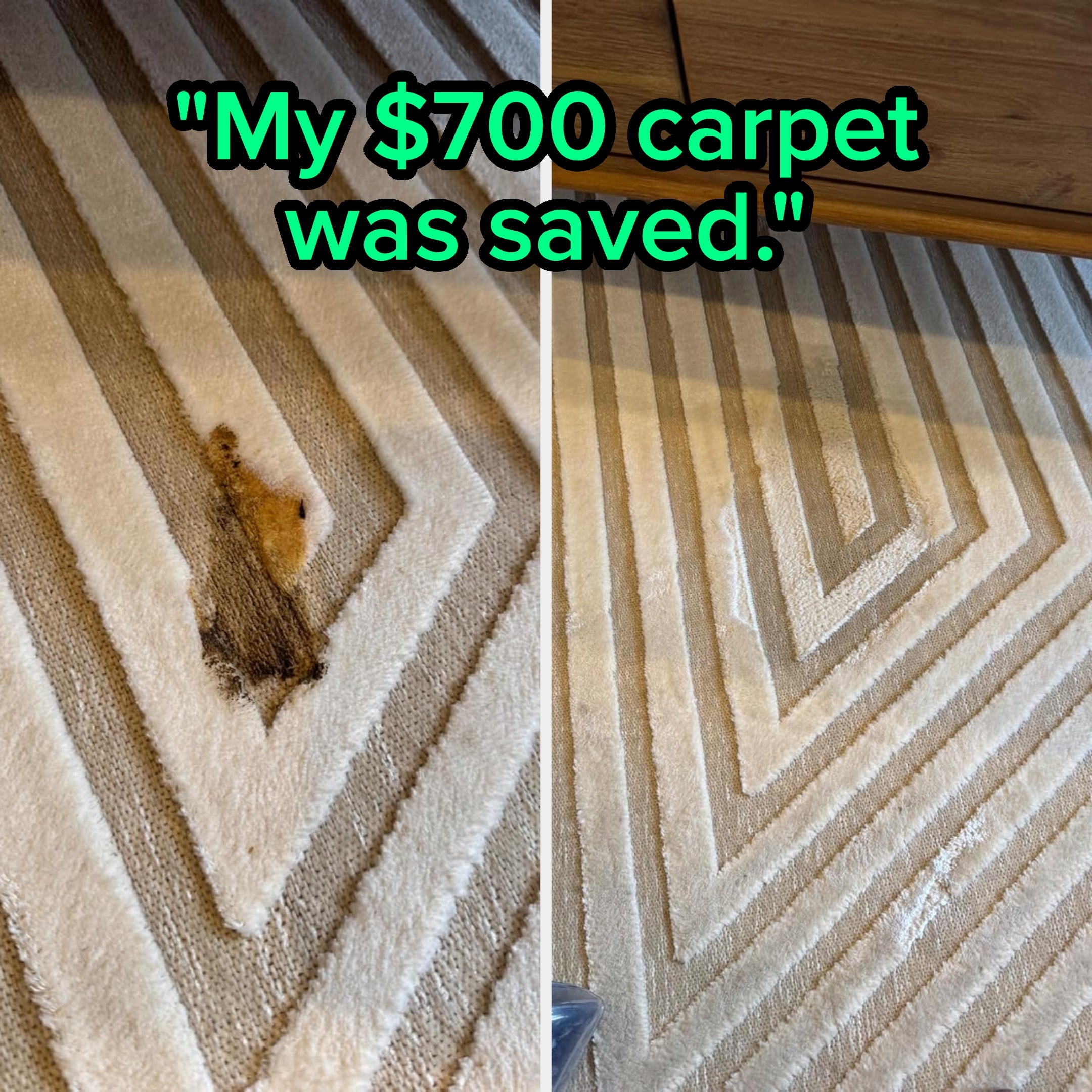 Damaged carpet with a stain is shown before and after cleaning, highlighting the restoration of a $700 carpet