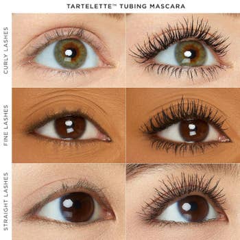 Before-and-after photos of eyes with antithetic lash types (curly, fine, straight) showcasing the effect of Tartelette Tubing Mascara