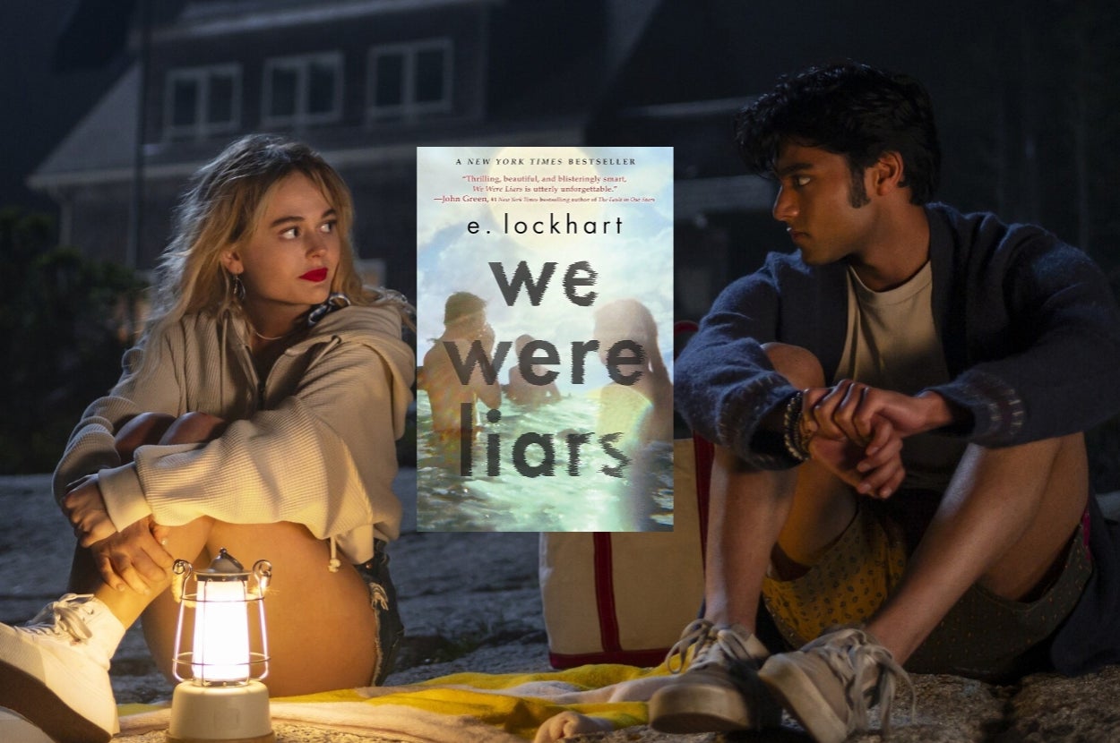 Cady and Gat sit by a campfire at night, looking at each other. Book cover, “We Were Liars” by E. Lockhart, is overlaid between them