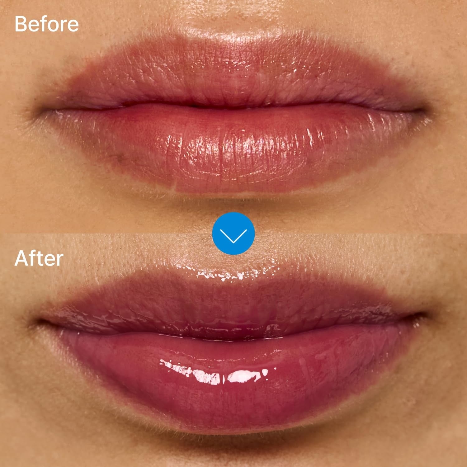 Before and aft  close-up of lips, showing earthy  and glossy appearance, highlighting articulator  merchandise  transformation