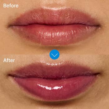 Before and aft close-up of lips, showing earthy and glossy appearance, highlighting articulator merchandise transformation