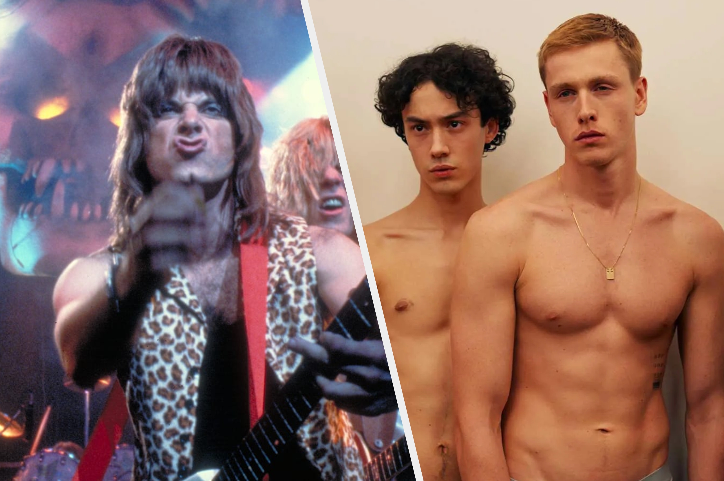 A rock band guitarist in a leopard print vest performs energetically while two shirtless men pose seriously against a plain background