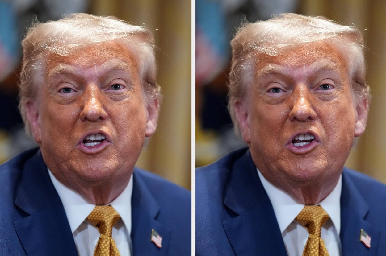 A man in a suit and tie speaks animatedly. The image is split, showing two slightly different captures of his expression