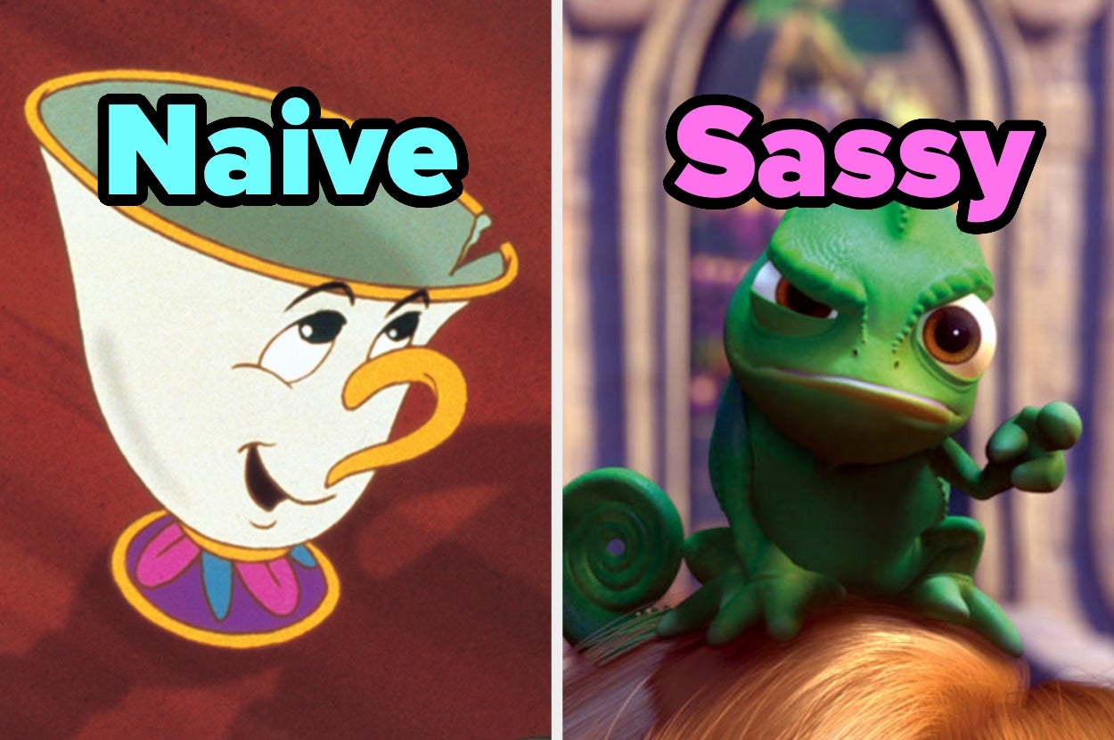 Chip from "Beauty and the Beast" labeled "Naive" smiles sweetly; Pascal from "Tangled" labeled "Sassy" points