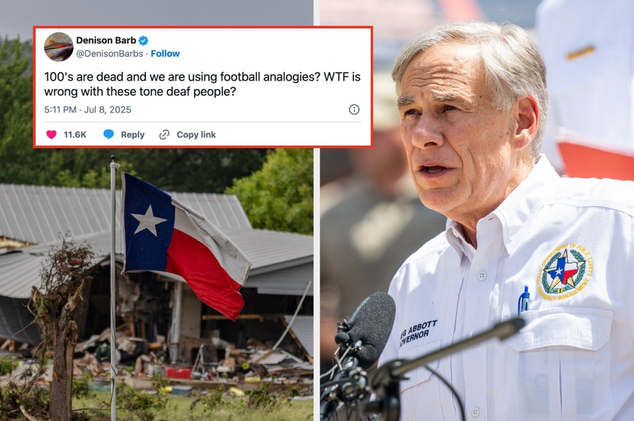 Person stands at microphone in front of disaster scene. Texas flag is visible. Overlay shows a tweet criticizing the use of football analogies during crisis
