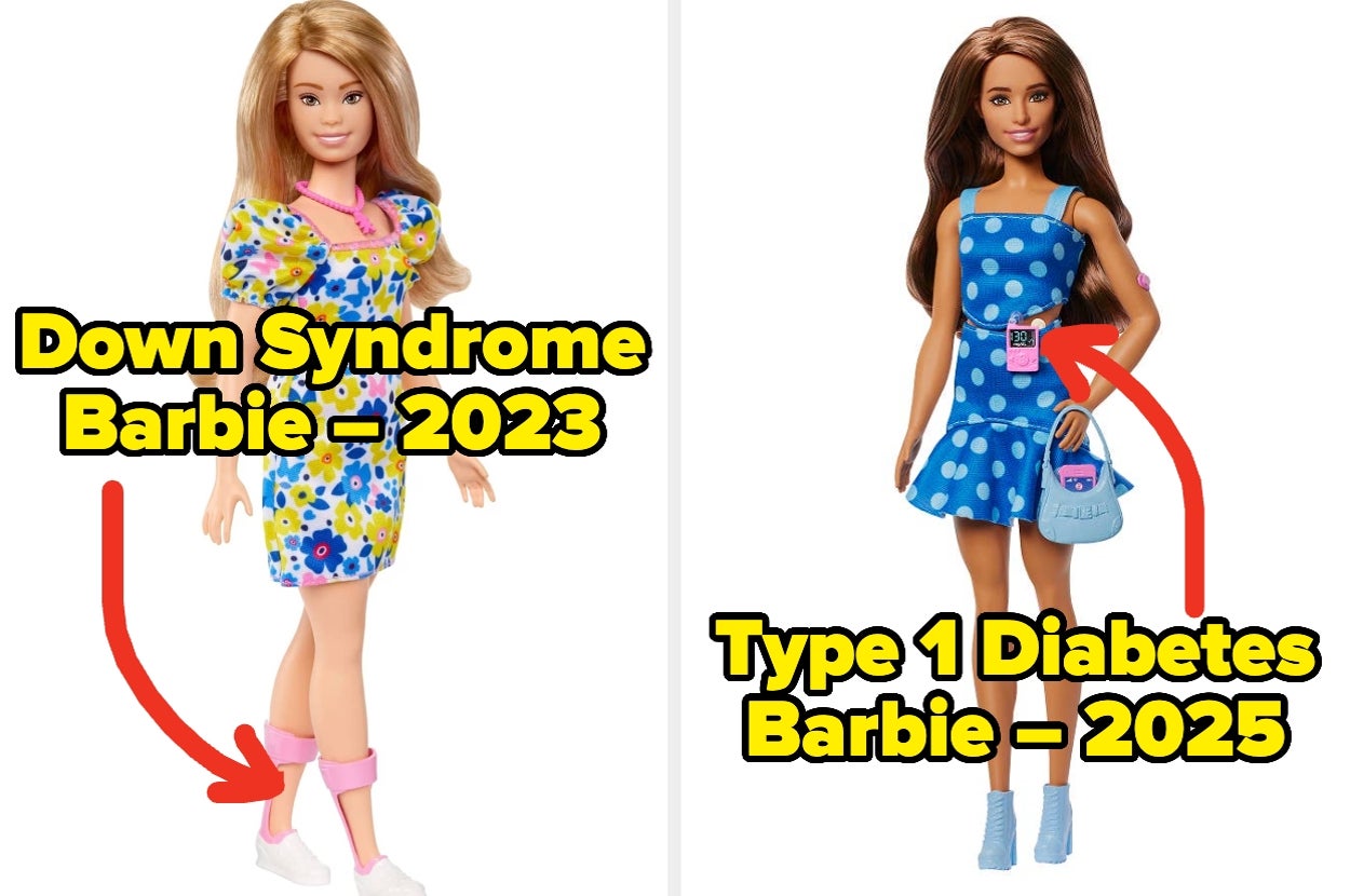 Two Barbie dolls: Left, Down Syndrome Barbie 2023; right, Type 1 Diabetes Barbie 2025, both wearing casual, themed outfits