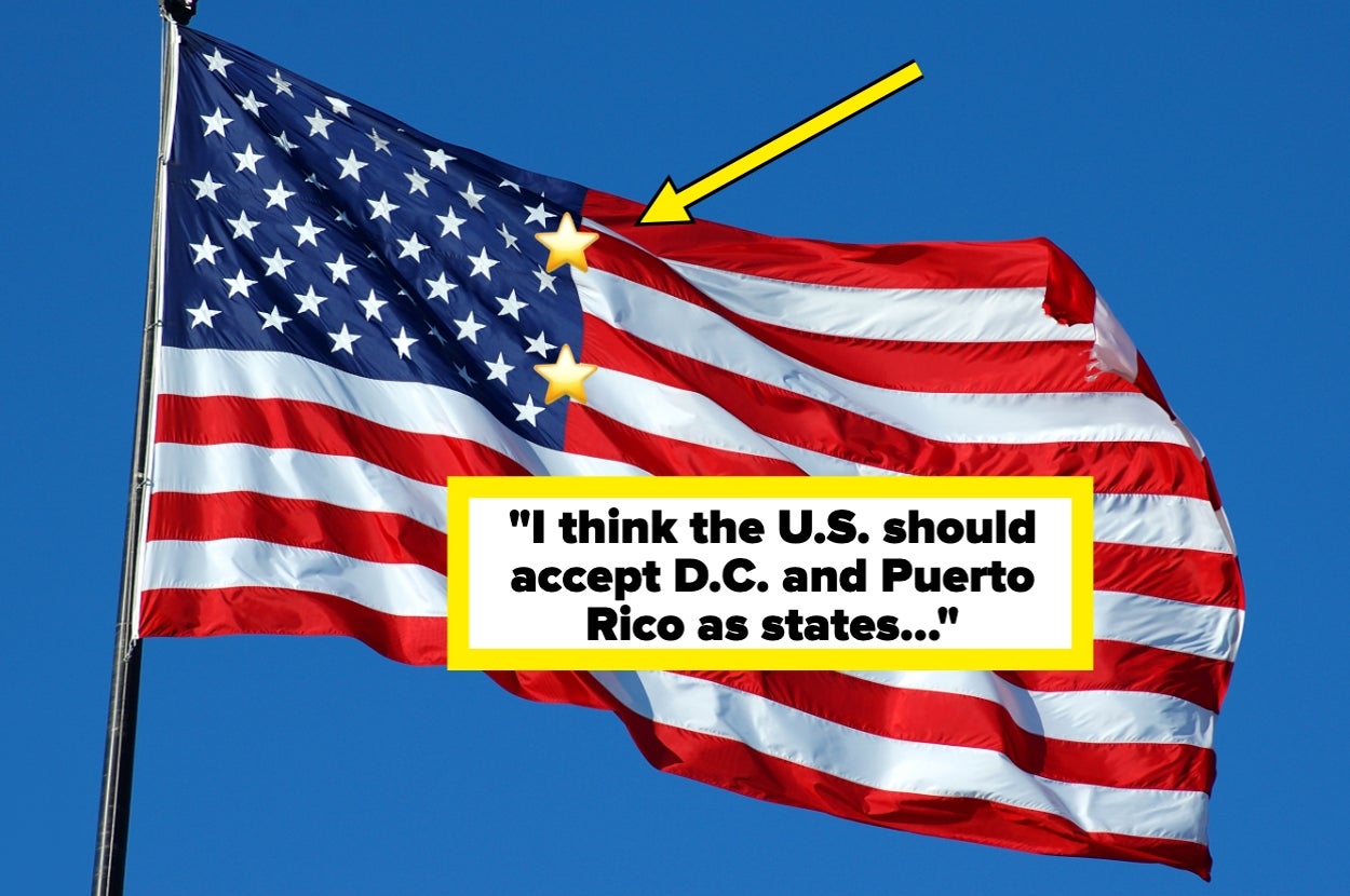 U.S. flag with a speech bubble saying, "I think the U.S. should accept D.C. and Puerto Rico as states..."