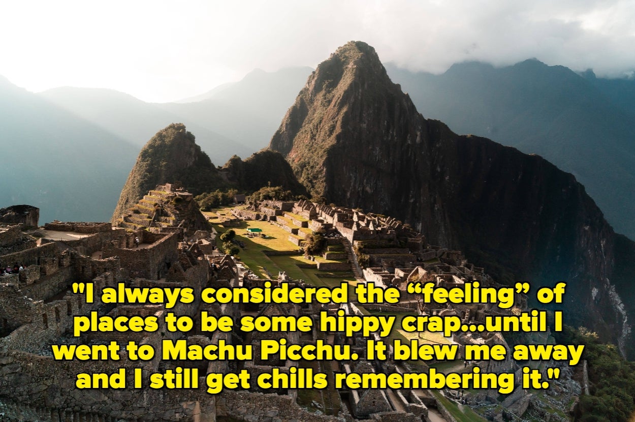 View of Machu Picchu with text expressing surprise at its emotional impact