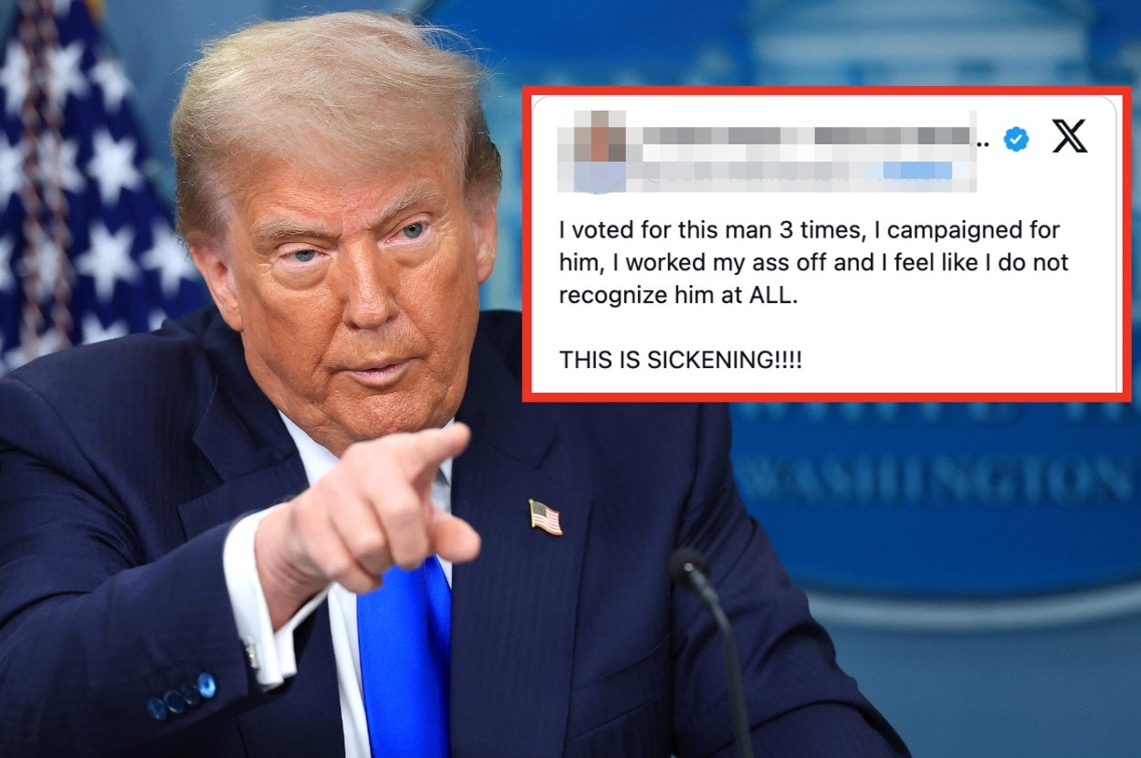 A man in a suit gestures while speaking at a press event. Superimposed text expresses disapproval and surprise regarding political actions