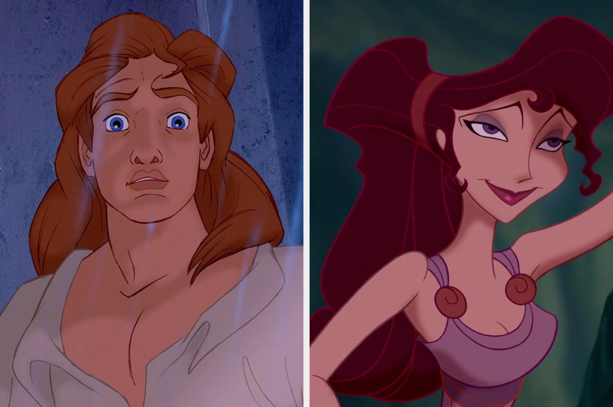 Animated characters, including the Beast in human form from "Beauty and the Beast" looking surprised, and Megara from "Hercules" smirking confidently