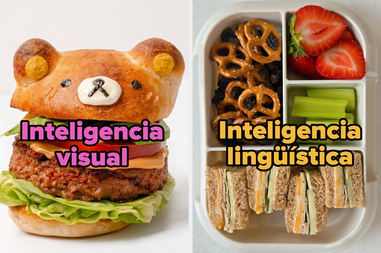 Bear-shaped burger with lettuce, labeled "Inteligencia lingüística." Next: lunchbox with pretzels, strawberries, celery, and sandwich bites
