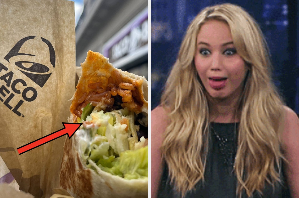 SpongeBob holding a burger on the left; Taco Bell burrito with lettuce and rice on the right, highlighted by an arrow