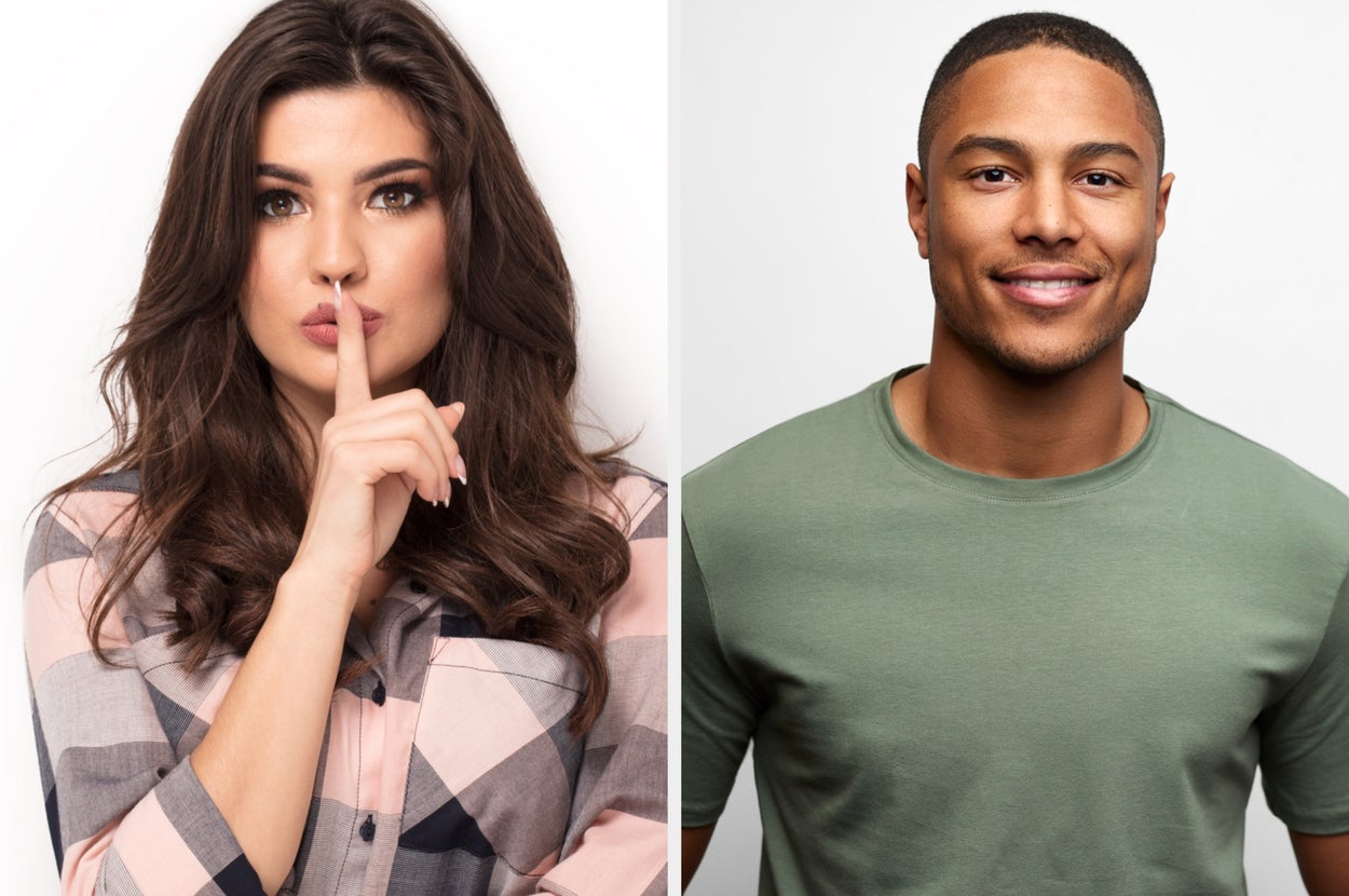 Woman with finger over lips, wearing plaid shirt. Man smiling, wearing casual T-shirt