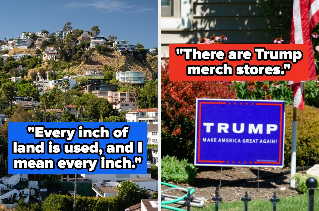 Two-panel image: Left shows densely packed hillside homes with caption “Every inch of land is used.” Right shows a house with a “Trump” sign and caption “There are Trump merch stores"