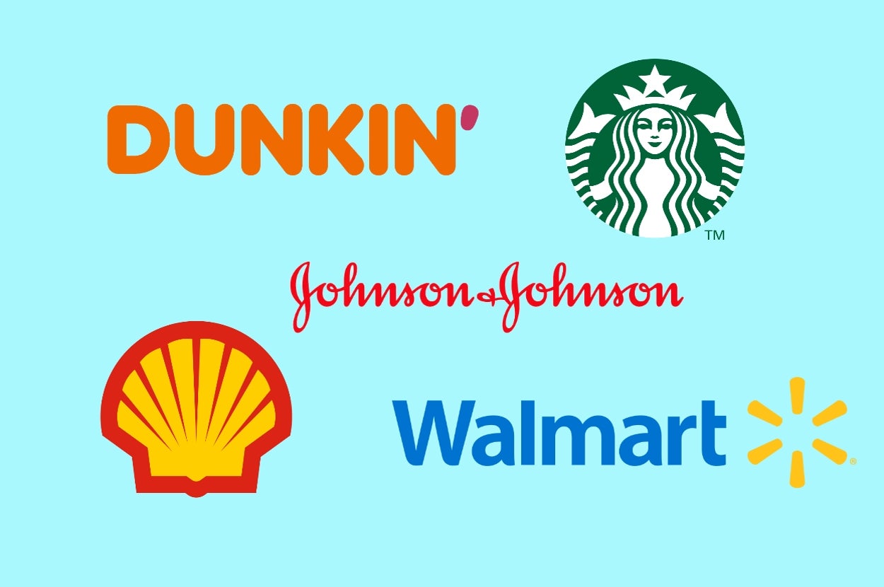Logos of Dunkin', Starbucks, Johnson & Johnson, Shell, and Walmart against a plain background