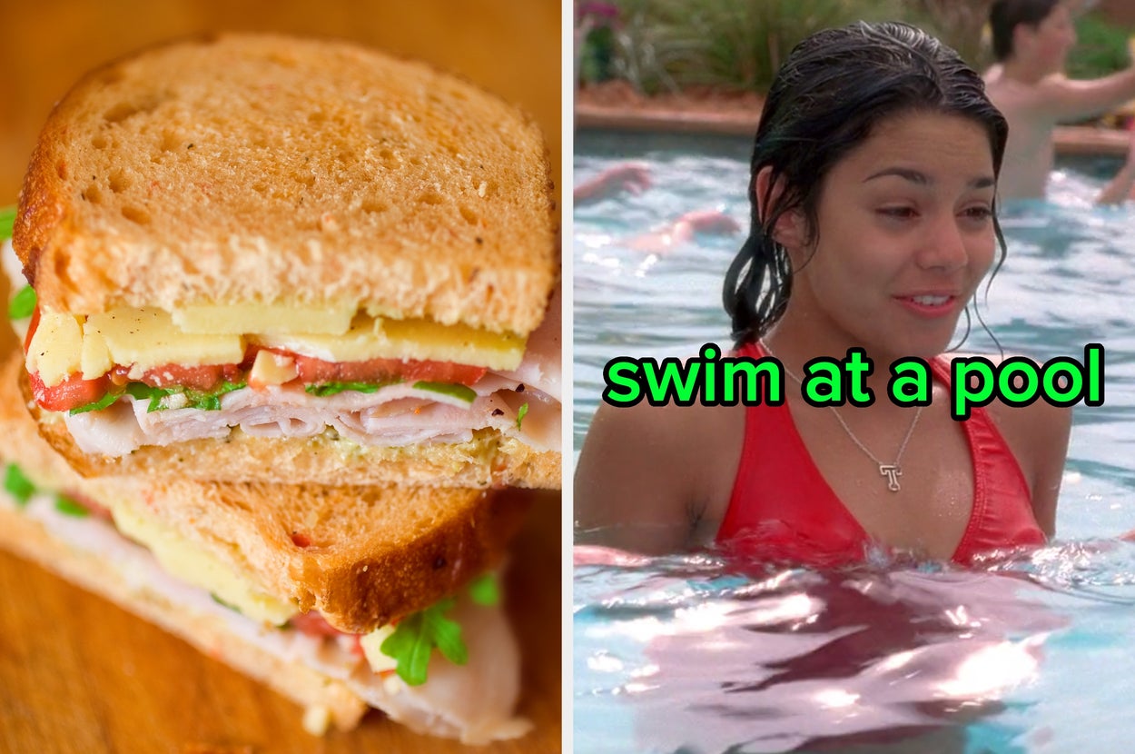 On the left, a rustic turkey and cheese sandwich cut in half, and on the right, Vanessa Hudgens chest-deep in a pool as Gabriella in High School Musical 2 labeled swim at a pool