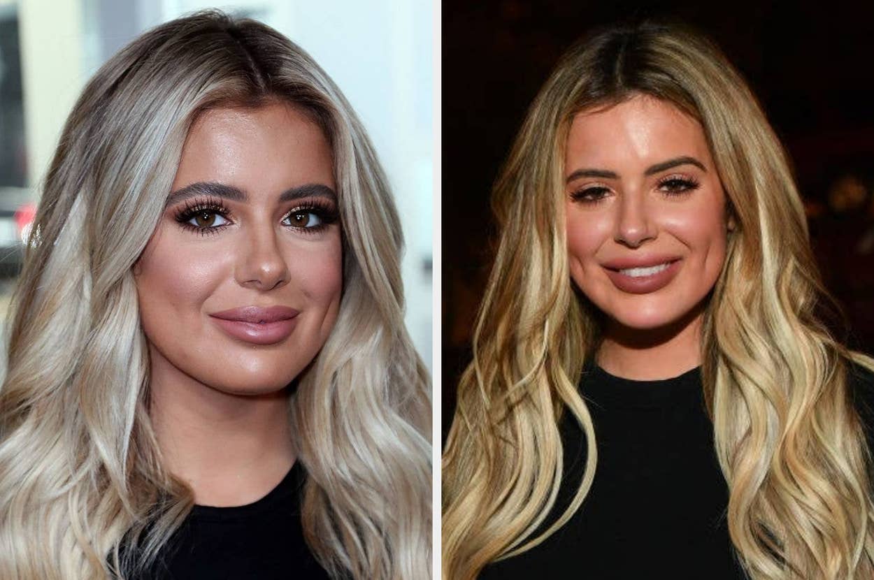 Two women with long, wavy hair pose together on a red carpet; one wears a white outfit, the other a sheer black top. The right image shows one woman alone