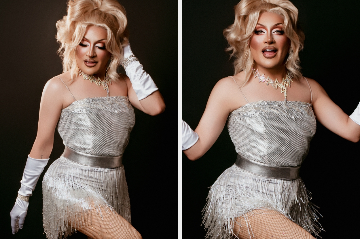 Persona con vestido estilo drag de lentejuelas y flecos, guantes largos y collar llamativo