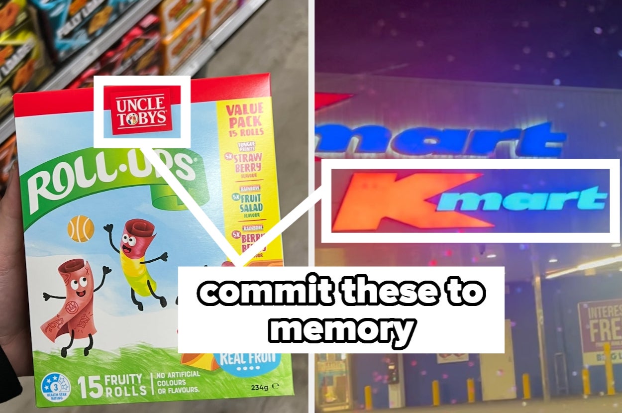 A person holds a box of fruit roll-ups in a store. Text overlaid says, "Commit these to memory." Kmart store sign is visible