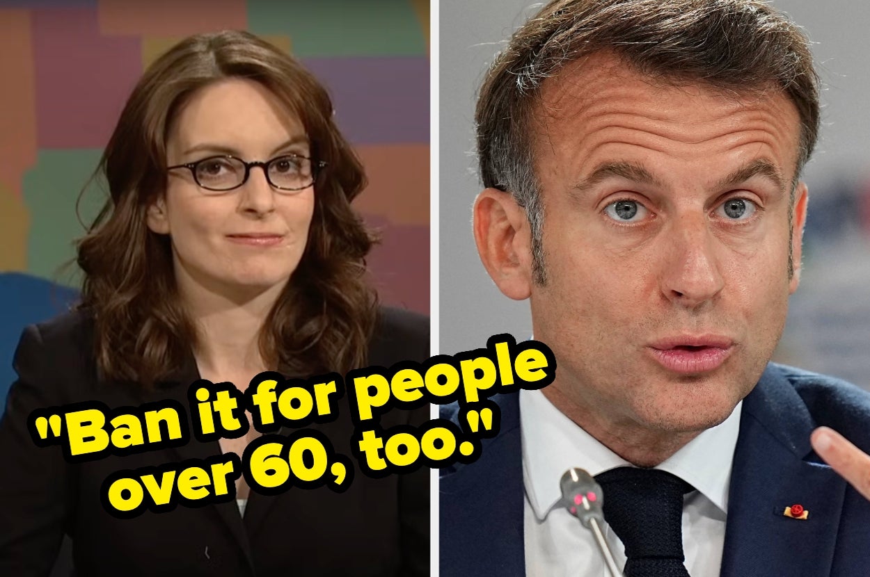 Two people: one in glasses and a suit, another gesturing while speaking. A quote reads, "Ban it for people over 60, too."
