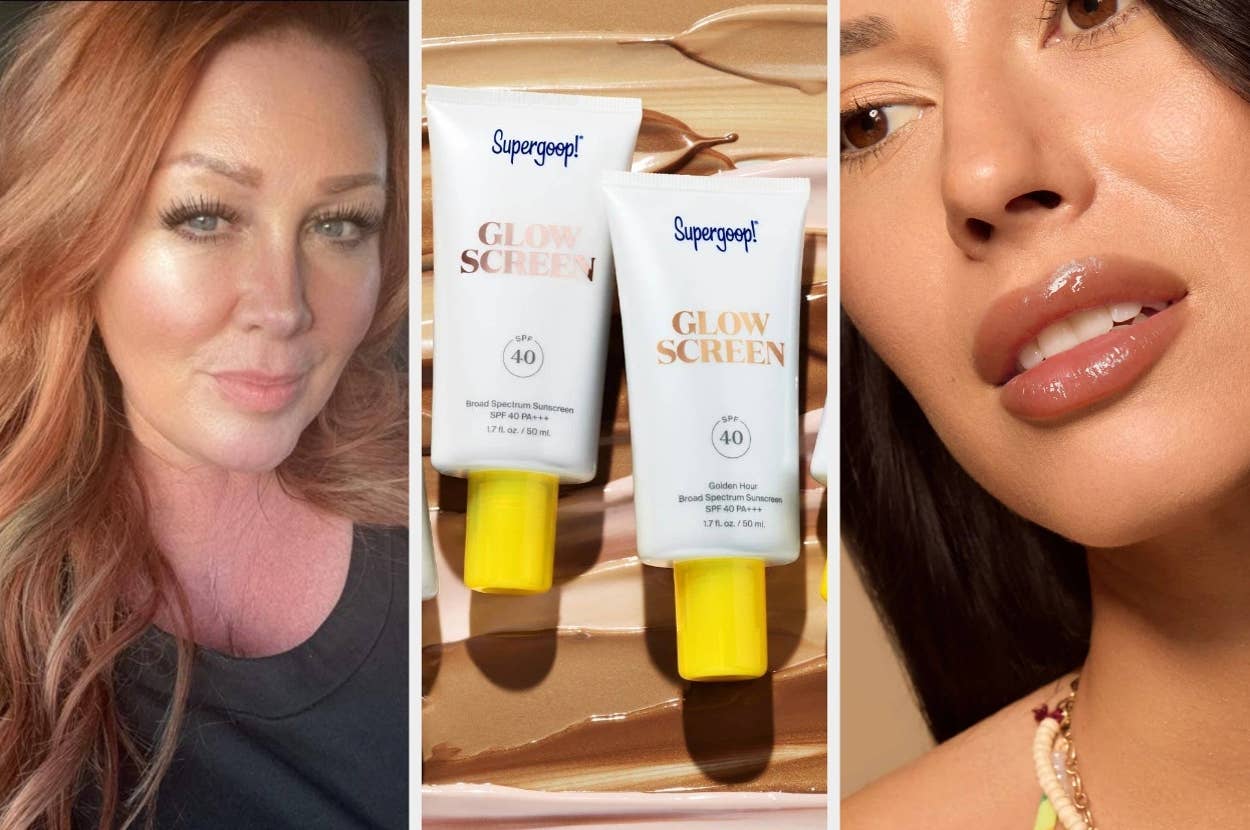 Three-part image: Woman smiling; Supergoop Glowscreen bottles on makeup; close-up of woman's dewy makeup