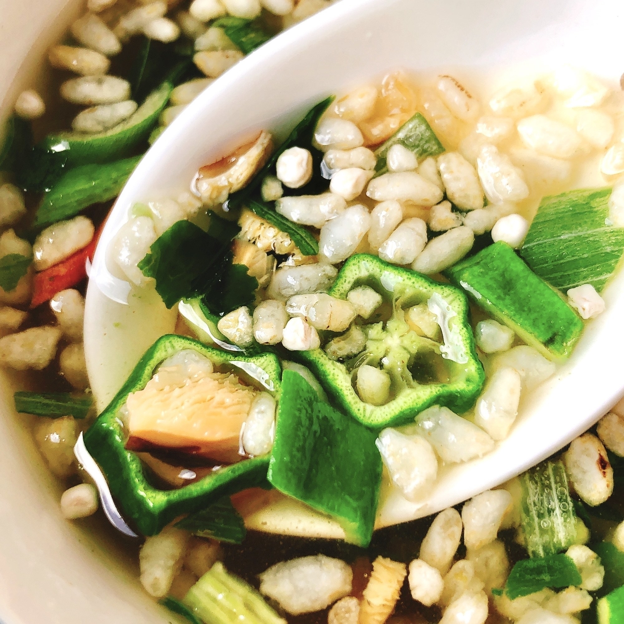 スプーンに入ったお湯でふやけた米と野菜が浮いているスープ。