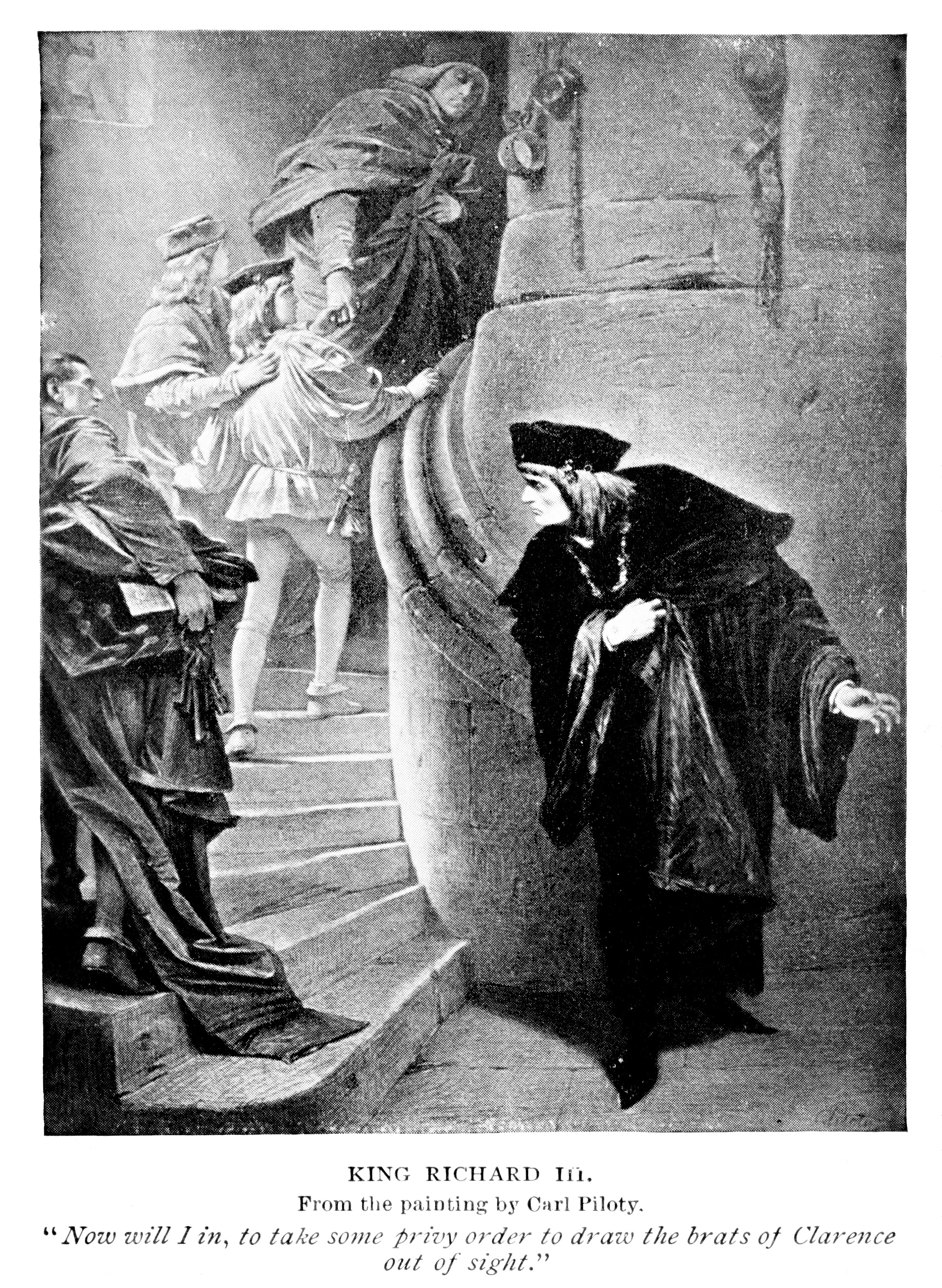 People in historical attire on stairs; one person, in darker clothes, looks at others carrying children. Title reads &quot;King Richard III.&quot;
