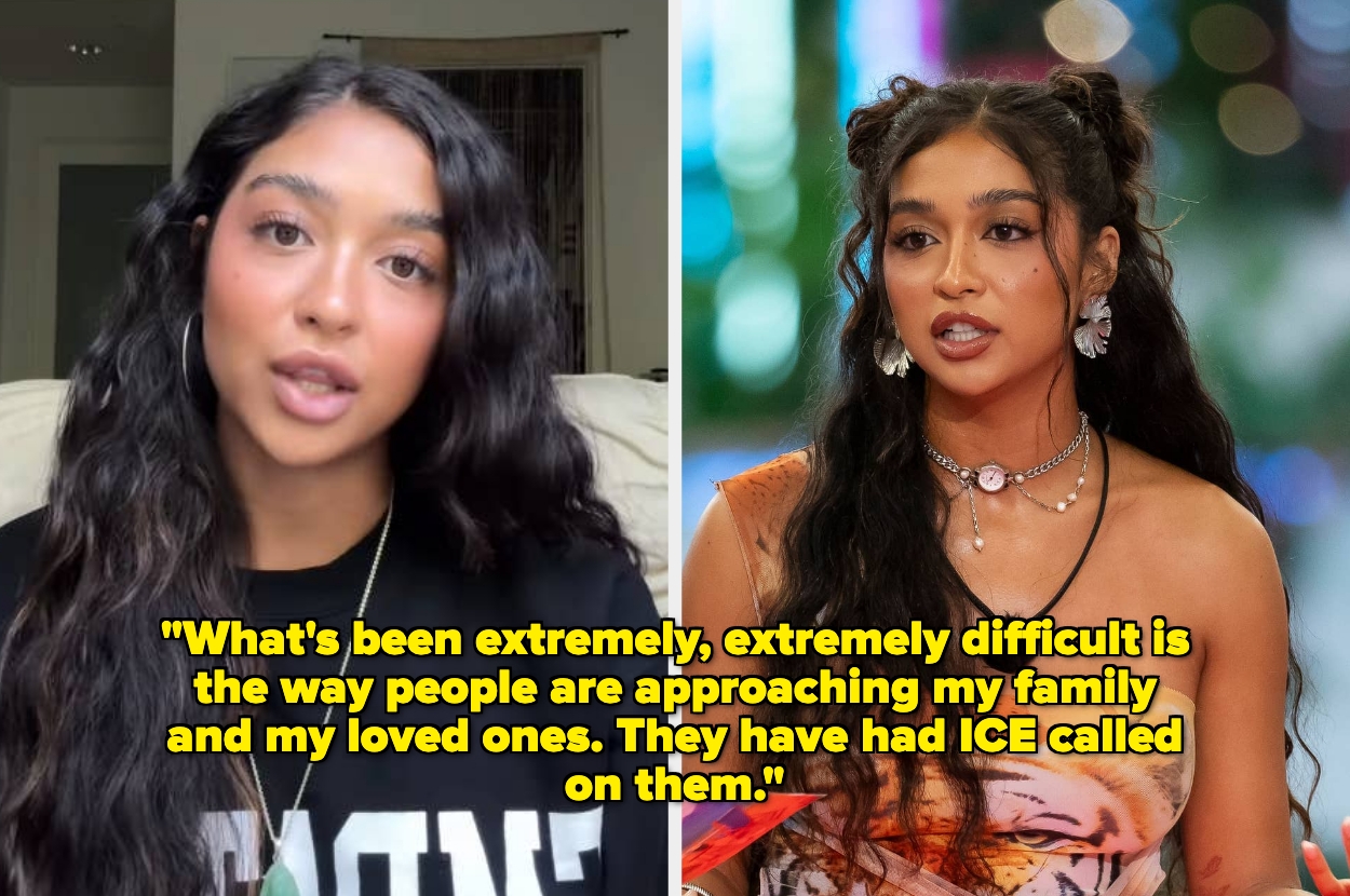 Split image: Left shows a person speaking to the camera; right shows them in a glamorous outfit on stage. Large text discusses personal challenges