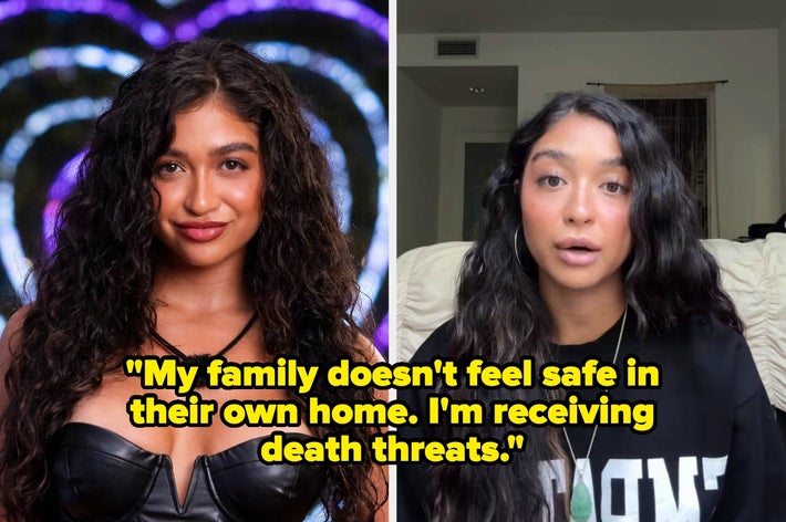 Two women with long hair. One wears a leather corset; the other wears a casual top. Text overlay: "My family doesn't feel safe...death threats."