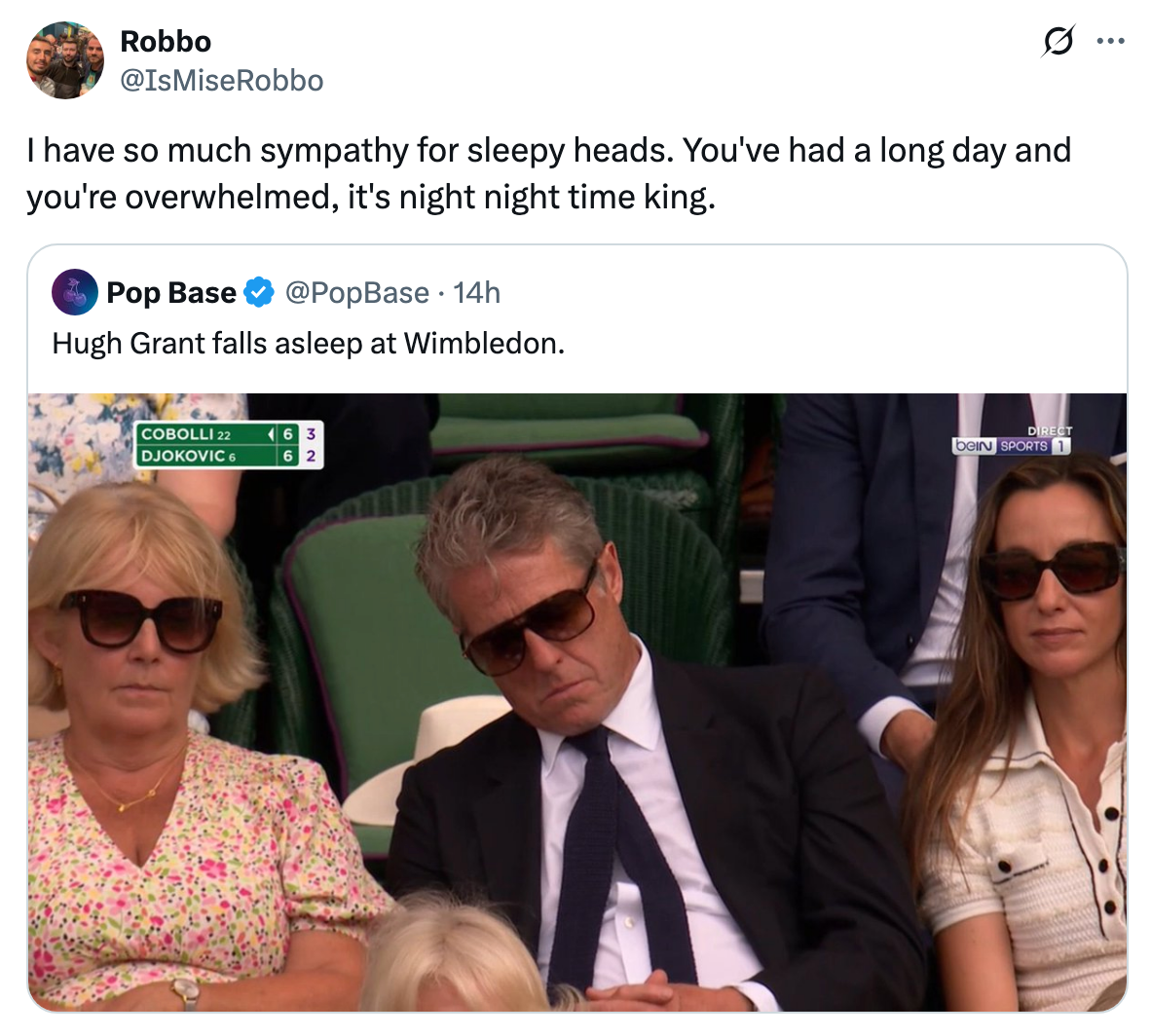 Twitter post with an image of Hugh Grant sleeping at Wimbledon with two women. The caption humorously sympathizes with feeling sleepy