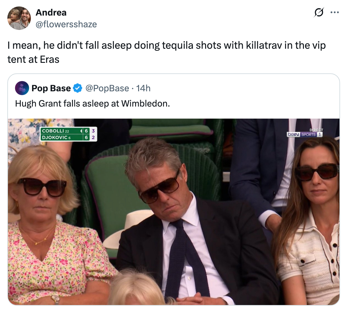 Image of a tweet showing three people asleep at Wimbledon, with a humorous caption about not falling asleep doing tequila shots in a VIP tent
