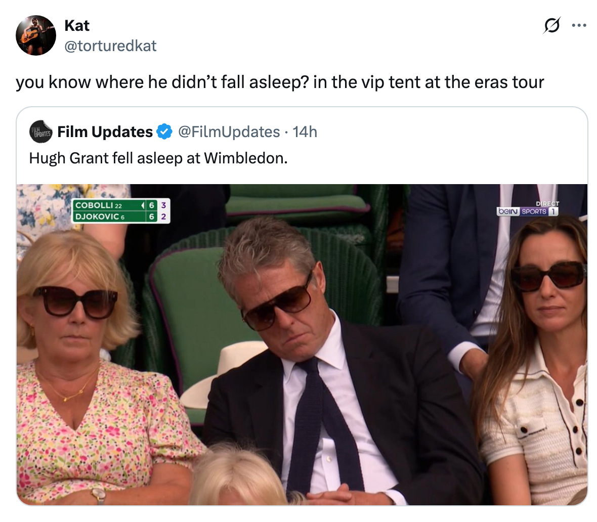 Image of a tweet showing a screenshot of Hugh Grant appearing to nap at a Wimbledon match, surrounded by two women