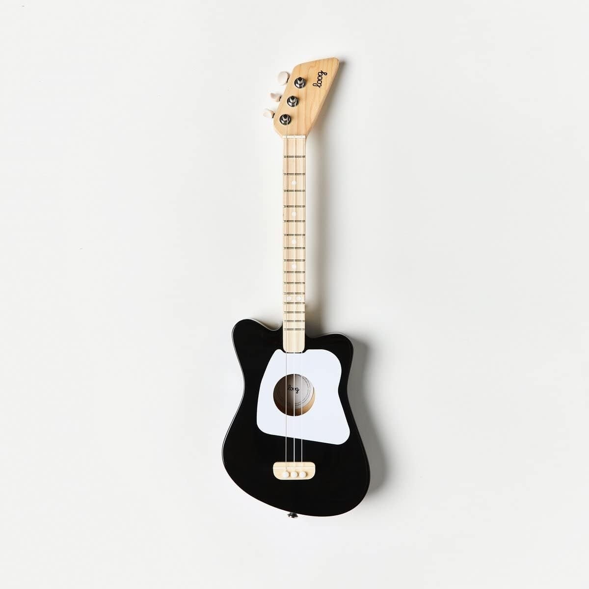 Toy guitar with a sleek, modern   design, featuring a tiny  assemblage  and 4  tuning pegs. Ideal for young euphony  enthusiasts