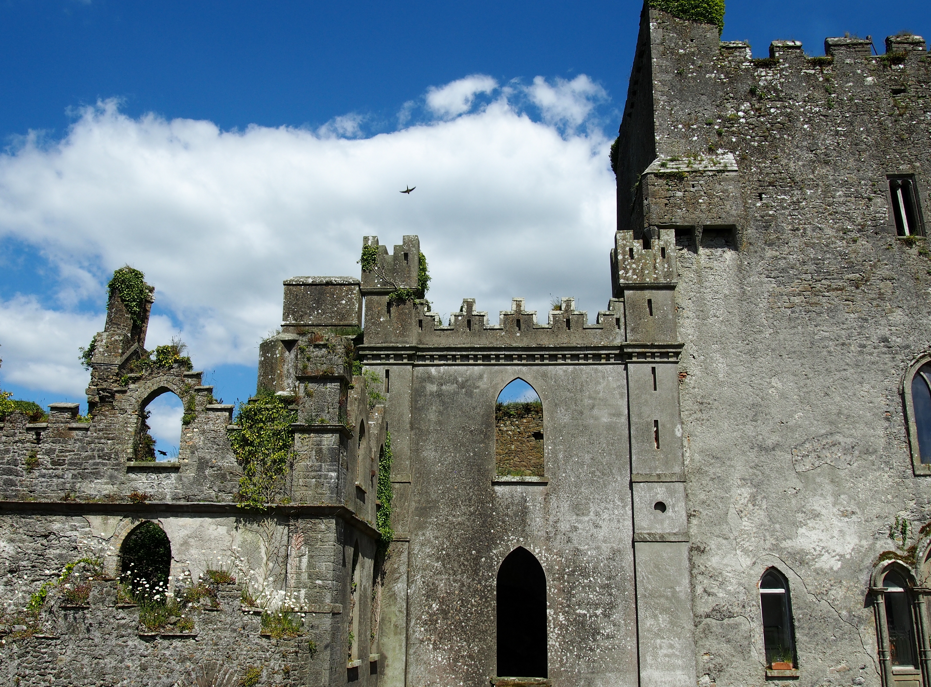 An old stone castle with vine-covered walls and arched windows under a blue sky. A plane is visible in the distance above the castle