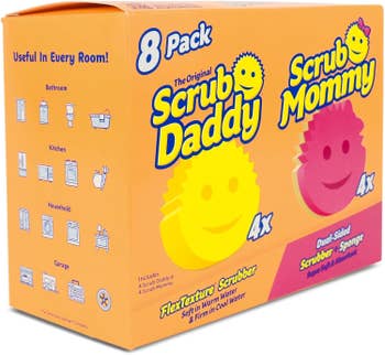 Scrub Mommy and Scrub Daddy sponges successful an 8-pack box, highlighting versatile usage successful rooms similar room and bathroom