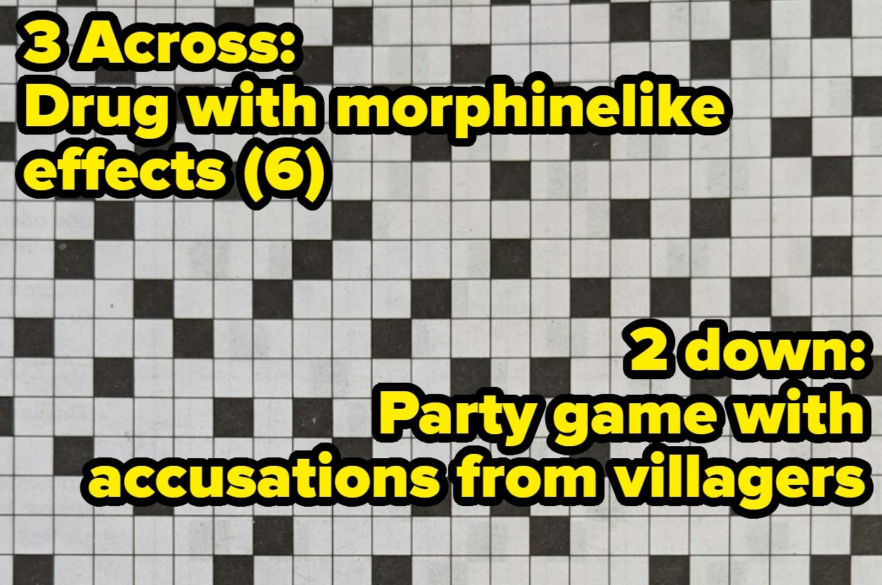 Crossword clues: 3 Across, drug with morphinelike effects (6 letters); 2 Down, party game with accusations from villagers