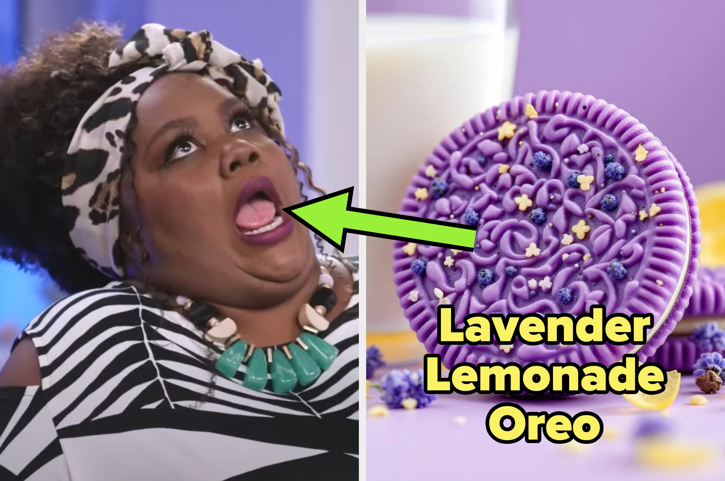 Person dramatically reacting to new Lavender Lemonade Oreo flavor, with a cookie and glass of milk nearby