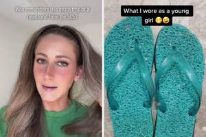 left, a woman with a zigzag headband on the left, and spongey flip flops; on the right. text: "who remembers this death trap of a headband from the 90s?" and "what I wore as a young girl"