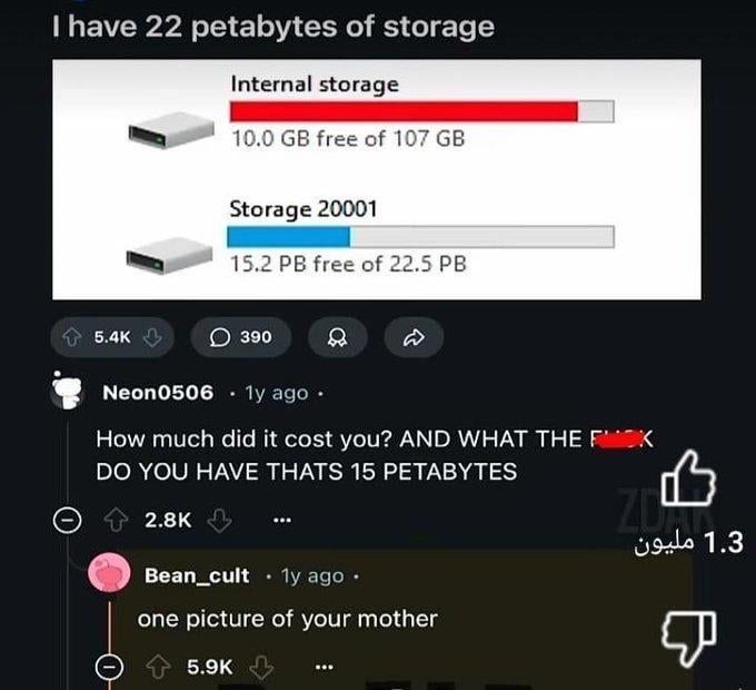 A humorous online post about large storage capacity; a user jokes about needing 15 petabytes for one picture