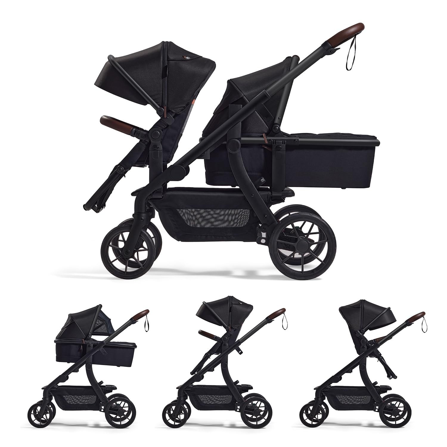 Four images amusement   a sleek, side-by-side, dual-seat babe  stroller with adjustable seats and storage, designed for modern   functionality and convenience