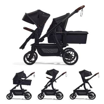 Four images amusement a sleek, side-by-side, dual-seat babe stroller with adjustable seats and storage, designed for modern functionality and convenience