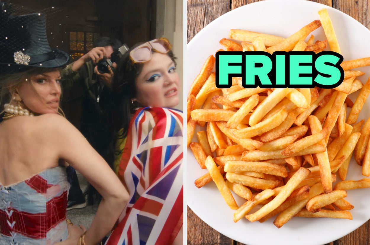 On the left, Fergie and Meg Stalter pose with various Union Jack clothing items, and on the right, a plate of fries