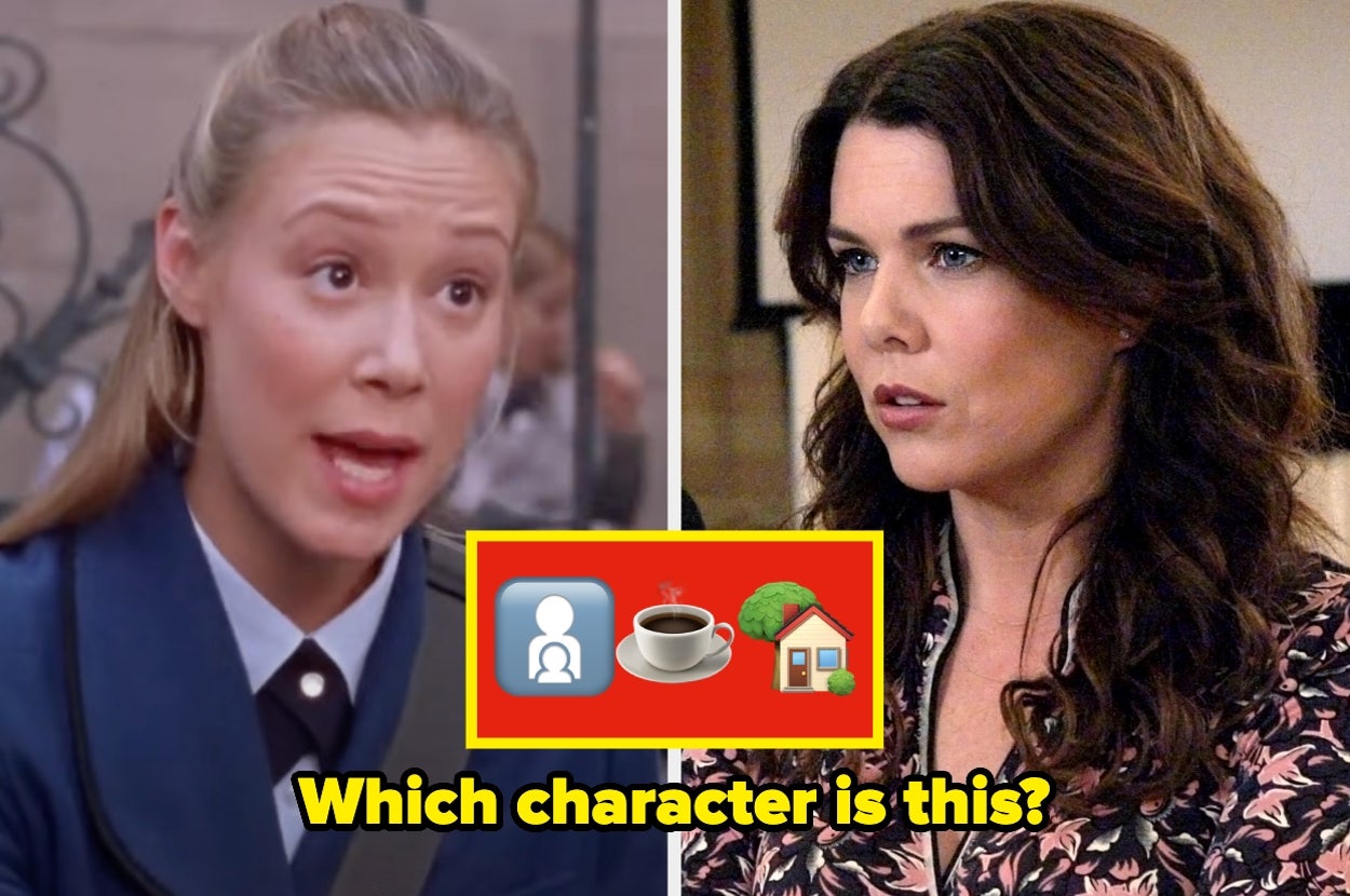 Two TV characters side by side; left one in a school uniform, right one in casual attire. Text with emojis asks, "Which character is this?"