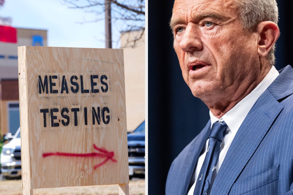 Close-up of a measles testing sign; RFK Jr. in a suit speaks or presents at an event
