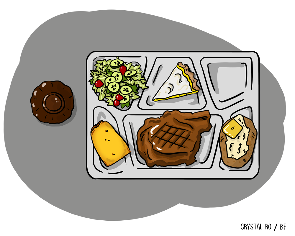 A cafeteria tray with a salad, pie slice, steak, bread with butter, cornbread, and a chocolate bundt cake on the side
