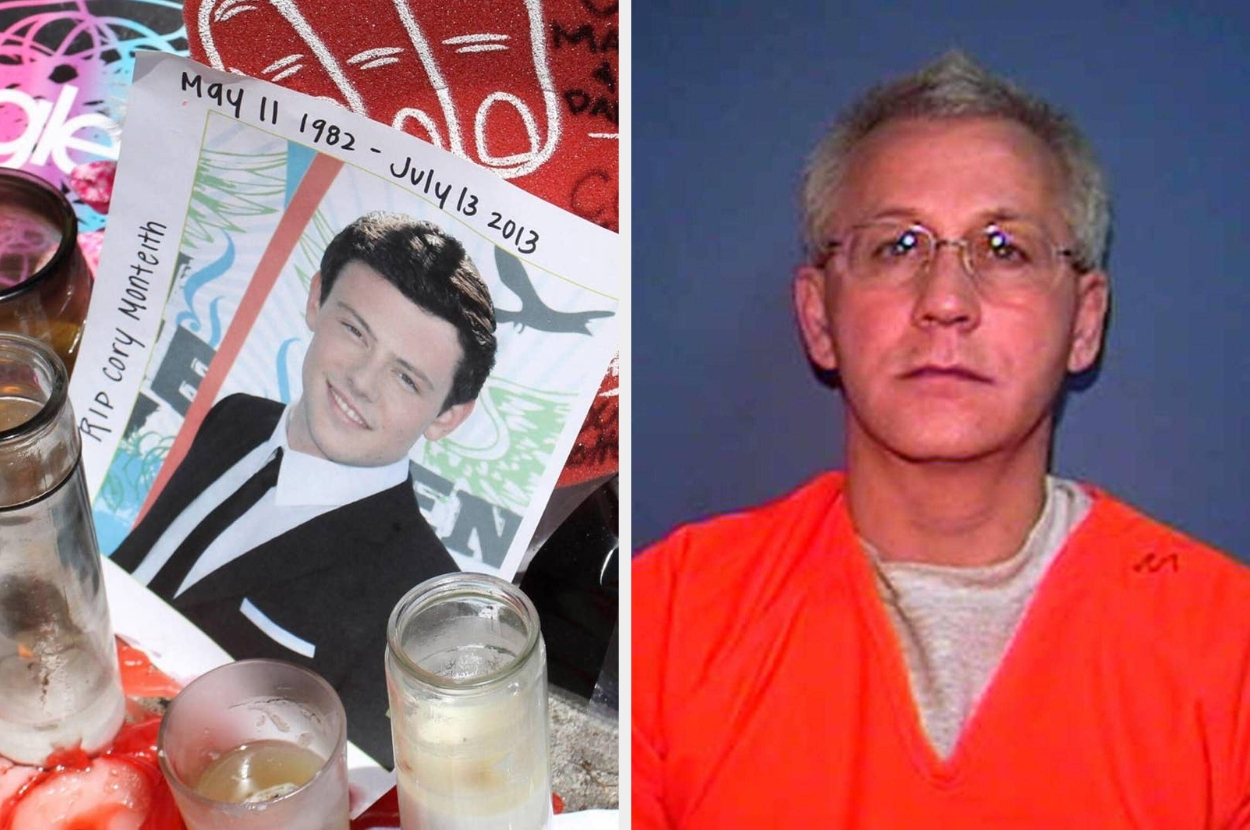Left: Memorial with a photo of a man in a suit. Right: Man in an orange prison uniform against a blue background
