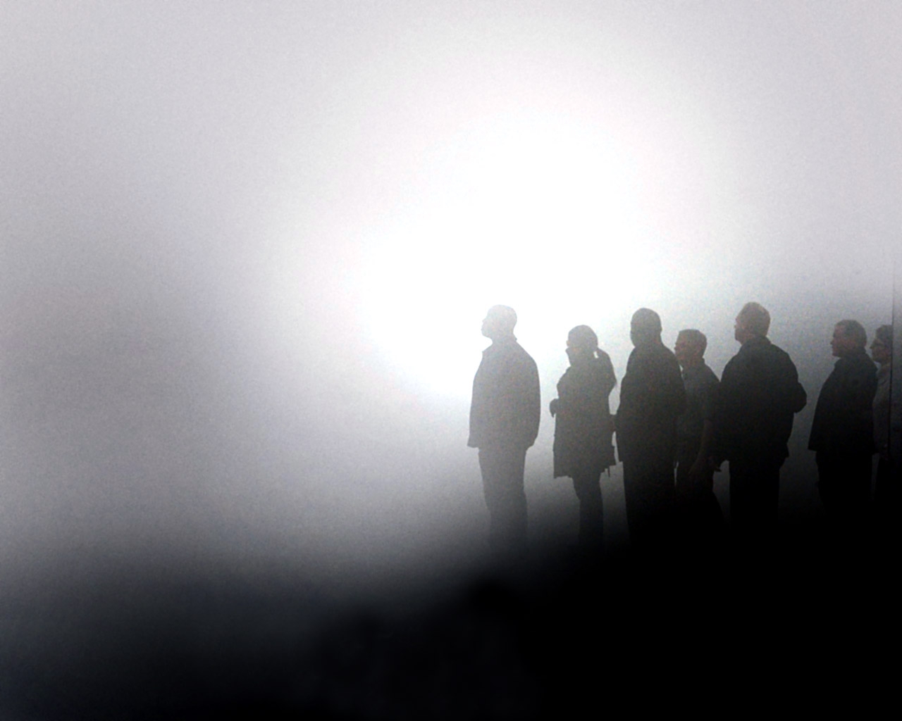 Silhouettes of people standing in fog, looking towards a bright light source