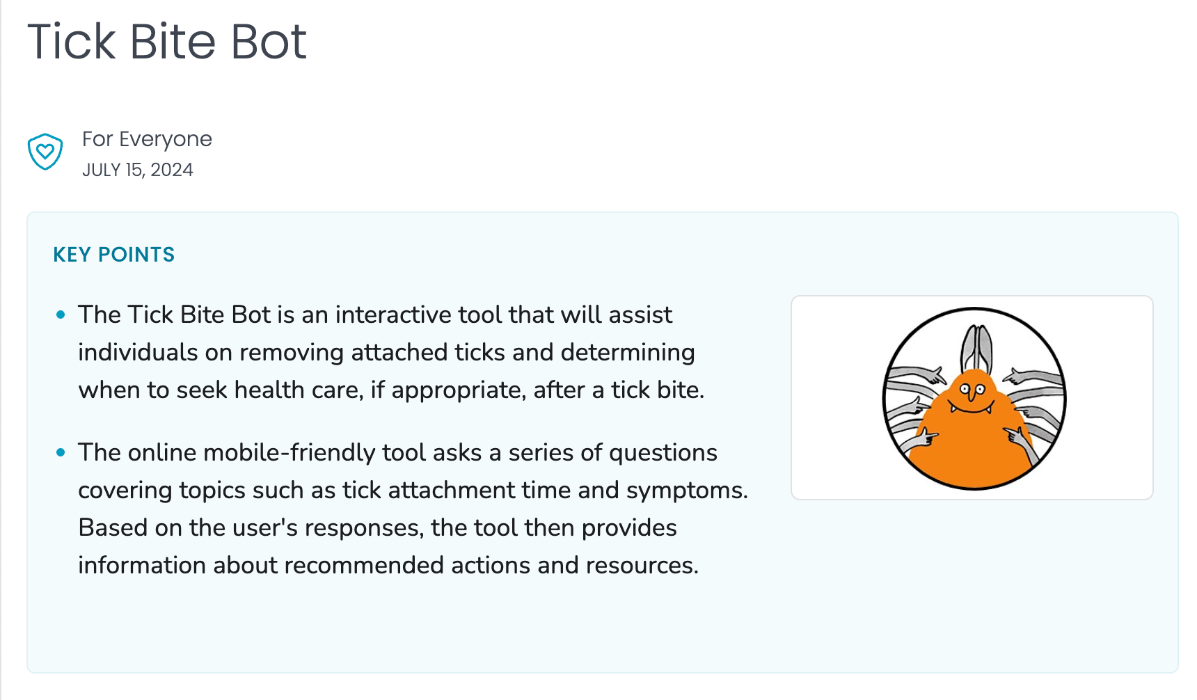 Sammendrag av et dokument som introduserer Tick Bite Bot som et interaktivt verktøy som hjelper til med flåttfjerning og helsevesenets veiledning etter bite