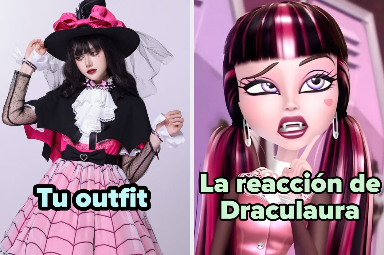 Persona vestida de bruja victoriana junto a imagen de Draculara de Monster High, mostrando sorpresa. Texto: "Tu outfit" y "La reacción de Draculara"